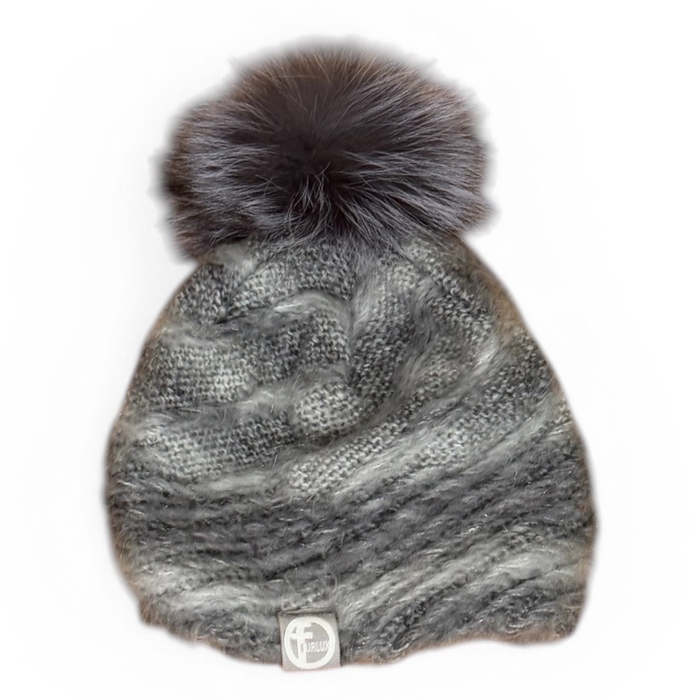 Furlux Grey Cable Knit Beanie Fur Pom Pom Winter Hat One Size EU Made Old Money